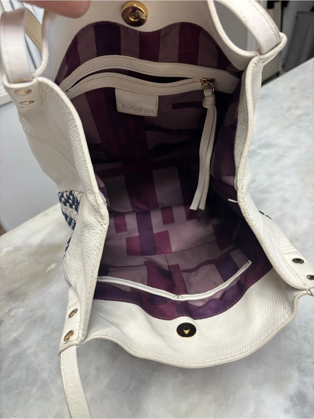 Kooba Handcrafted Leather Denim Woven Bucket Bag Tote